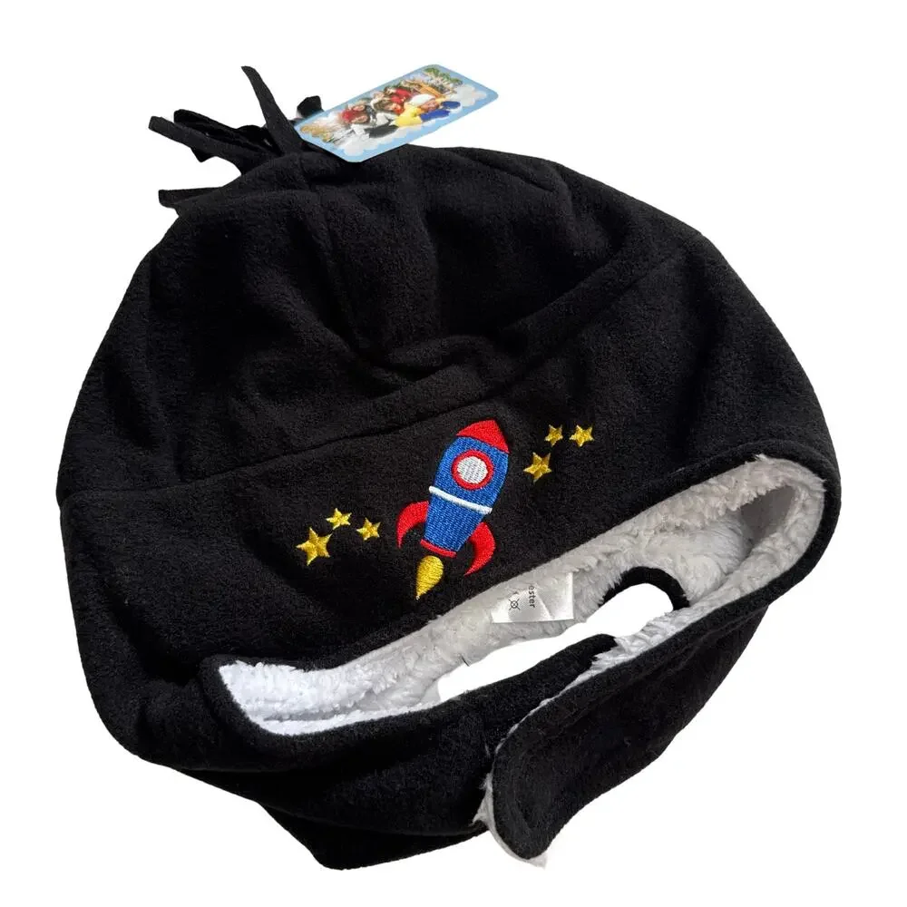 SimpliKids Rocket Fleece Sherpa Lined Kids Winter Hat & Mittens Set 5-7 Years